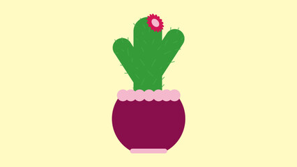 Vector illustration of cactus in purple pot with pink flower.
