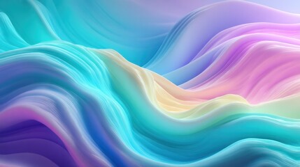 Fototapeta premium A vibrant, abstract image showcases flowing, undulating waves of color that blend seamlessly from turquoise and teal to pale blue, lavender, and soft pink. The colors transition smoothly