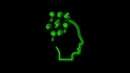 Green Neon Silhouette of a Human Head with Question Marks and Lightning Bolts human head silhouette thought process
