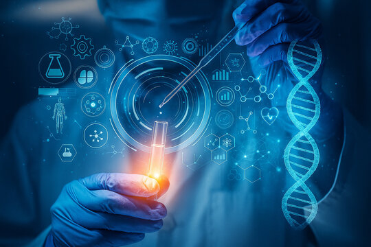 AI generated conceptual image of scientist using pipette with test tube surrounded by dna helix molecular graphics and futuristic hologram interface in modern laboratory research theme - Powered by Adobe