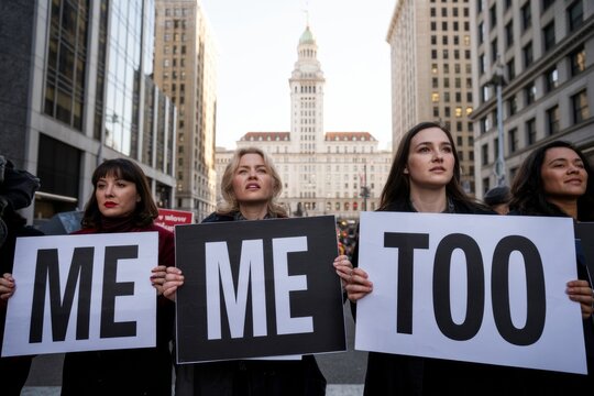 Women holding "Me Too" protest signs during empowerment demonstration on urban street with tall buildings in bright daylight background. Ai generative