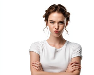 A young woman with curled hair and a playful pout, crossing her arms against a white background.