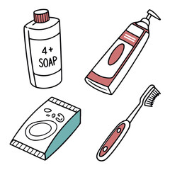 Hand Drawn Hygiene and Cleaning Products Illustration – Soap, Toothbrush, Toothpaste, Detergent and Spray Bottle Vector Set