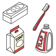 Hand Drawn Hygiene and Cleaning Products Illustration – Soap, Toothbrush, Toothpaste, Detergent and Spray Bottle Vector Set