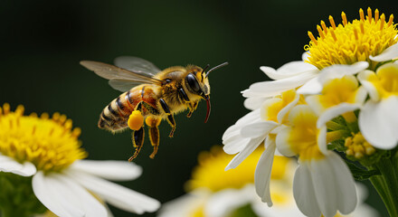 A macro closeup of a yellow and black insect, a bee, flying with pollen on its wings toward a white flower in a summer garden