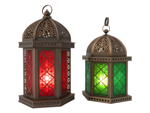 Ornate metal lanterns with glowing red and green glass panels isolated on a transparent background