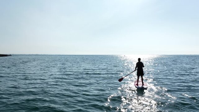 Sportsman paddle boarding on calm ocean during sunny day