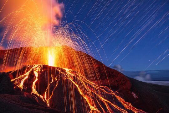 Erupting volcano with flowing lava and glowing sparks under a starry night sky, captured in long exposure with dynamic light trails in background. Ai generative - Powered by Adobe