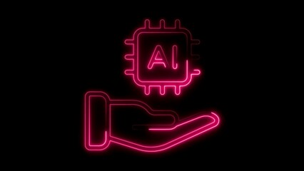 Pink Neon AI Chip on Hand Icon on Black Background artificial intelligence processor