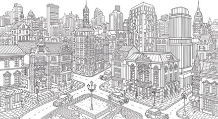 Vintage Cityscape Drawing with Cars and Buildings.