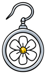 Fototapeta premium Cartoon daisy flower earring with silver hook and round frame illustration