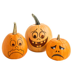 Three halloween pumpkins with carved faces expressing different emotions isolated on transparent background