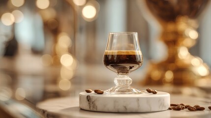 Obraz premium Espresso shot in stemmed glass on marble coaster coffee beans scattered around on table blurred golden background