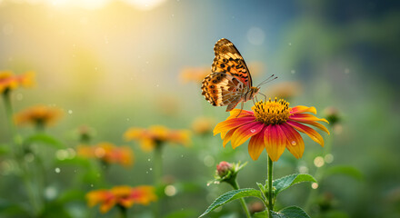 A vibrant butterfly with colorful wings rests on a yellow flower in a summer garden