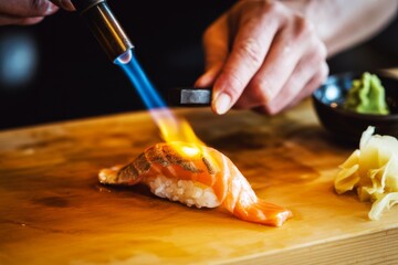 Flame-torching salmon sushi on wooden board with chef's hand, blue flame and dark background in a culinary preparation concept. Ai generative