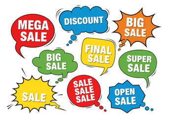 Sale, label set. Business concept in pop art retro comic style. Vector illustration
