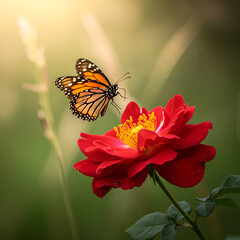 Obraz premium A vibrant orange and black butterfly with beautiful wings rests on a yellow flower in a summer garden