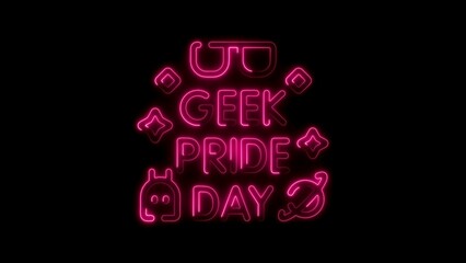 Pink Neon Geek Pride Day Text and Icons on Black Background lettering