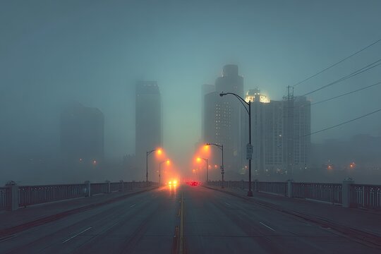 Misty city bridge at dawn