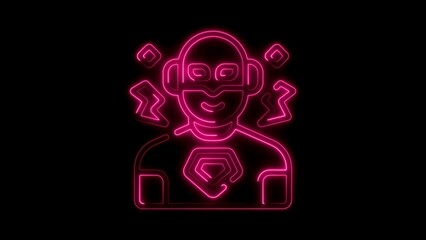 Pink Neon Superhero Icon with Lightning Bolts and Gemstone on Black Background glowing