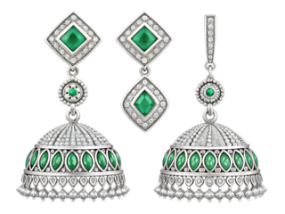 Ornate silver jhumka earrings with emeralds and diamonds isolated on a transparent background