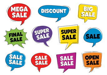 Sale discount shopping comic text bubble vector isolated icons set