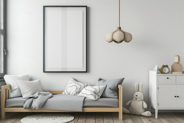 Mockup of children's room interior, Scandinavian style, soft natural colors, wooden floor, simple furniture, cozy and bright, clean walls