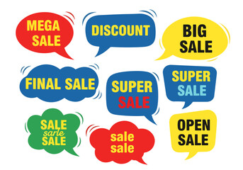 Set of colorful abstract isolated speech bubbles  with short text sale. 
Vector illustrations. Chat icons, Communication concept. Speak balloon. Communication, dialog, feedback, vector symbols. 
