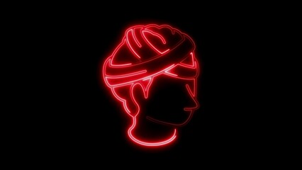 Red Neon Outline of a Person Wearing a Turban on Black Background head profile