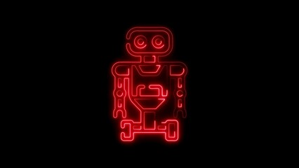 Red neon outline of a robot with wheels on black background android automaton