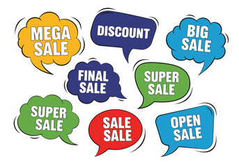 Vector set of comic speech bubbles with sale phrases. Discount card collection: Special Offer, Best Price etc. Hand drawn colorful illustrations of labels and logos.