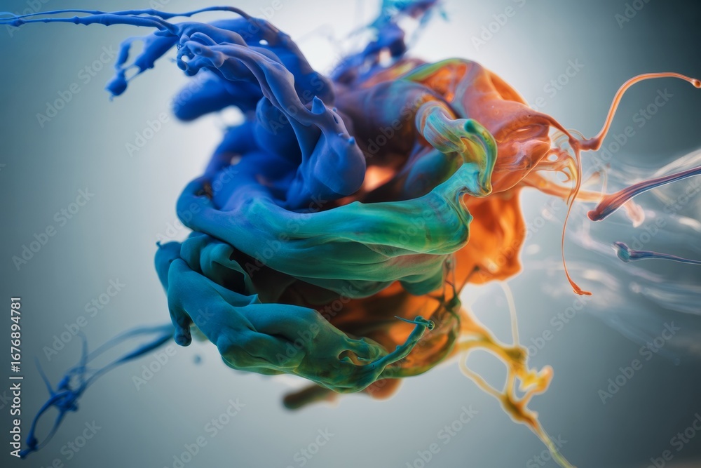 Wall mural abstract colorful ink explosion forming fluid shapes in space on soft light background, representing