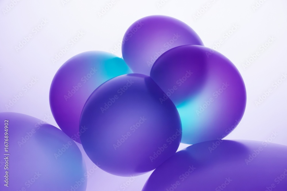Wall mural abstract purple and blue translucent spheres grouped together on a soft gradient light background wi
