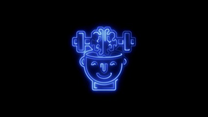 Blue Neon Icon of Human Head with Brain and Dumbbells on Black Background fitness health
