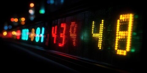 A close-up shot captures a vibrant, illuminated digital display showing a sequence of numbers. The display is positioned against a dark background, emphasizing the bright, multicolored digits. 