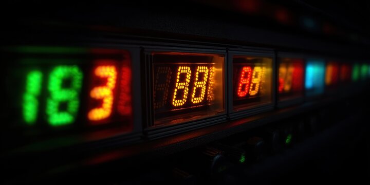 A close-up shot captures a row of illuminated digital displays showing temperature readings. The displays are housed within a dark, rectangular unit, likely part of a larger control panel. 
