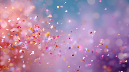 A vibrant, abstract image captures the feeling of celebration and movement. Numerous small, colorful particles ? resembling confetti or glitter ? are scattered across a blurred, 