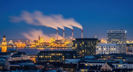 Industrial factory with smoking chimneys at night in a city landscape