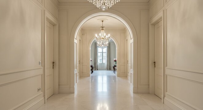 A hallway with a chandel and chandel showing elegant hallway with large archway, marble flooring, and chandelier