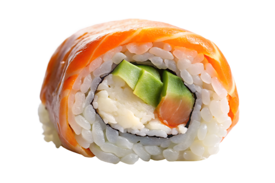 Delicious sushi roll with salmon and avocado isolated on transparent background, a perfect representation of japanese cuisine and culinary art
