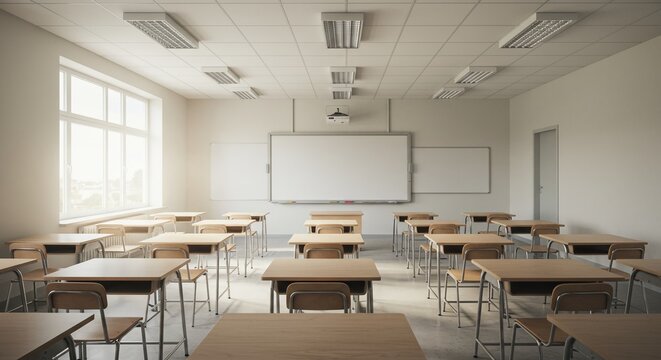 Empty classroom with desks and whiteboard showing empty classroom interior with arranged desks, whiteboard, and large window light