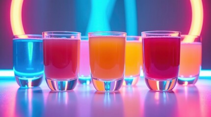 Colorful drinks in glasses with neon lights image