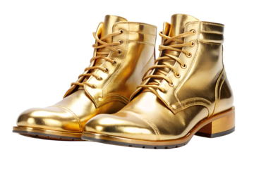 Shiny golden leather boots isolated on transparent background, a fashionable pair of footwear showcasing luxury and style for the modern individual