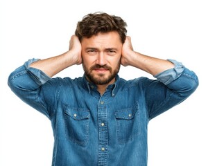 A man covers his ears, expressing distress or frustration in a casual denim shirt on a white background.