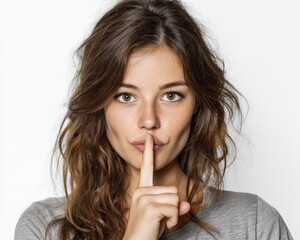 Naklejka premium A woman with long hair gestures for silence with her finger to her lips, set against a white background.