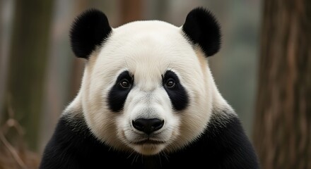 Naklejka premium A close-up portrait of a giant panda with distinctive black eye patches and ears, set against a blurred forest background.
