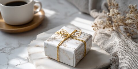 A small, square gift box wrapped in marbled paper with a gold ribbon sits on a light-colored marble surface. A white coffee cup with a saucer and a wooden coaster are placed beside it. A sprig...
