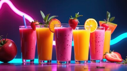 Colorful fruit drinks with garnishes smoothies juices