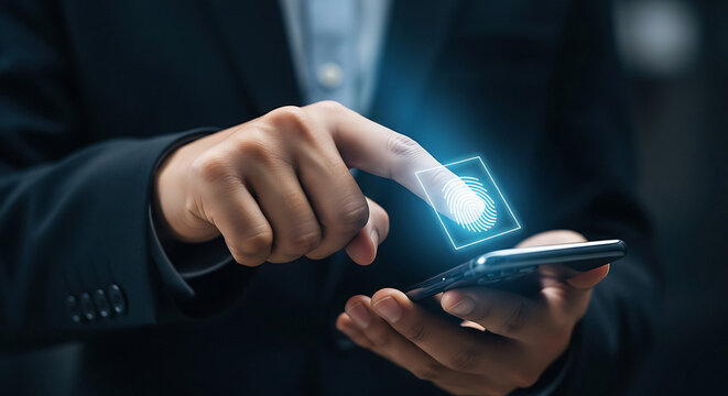 Fingerprint authentication on smartphone with man in suit pressing finger to the screen for security