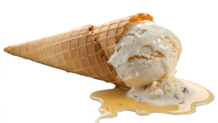 Vanilla ice cream cone fallen and melting isolated on transparent background, a sweet and delicious treat for summer, with a waffle cone and creamy scoop